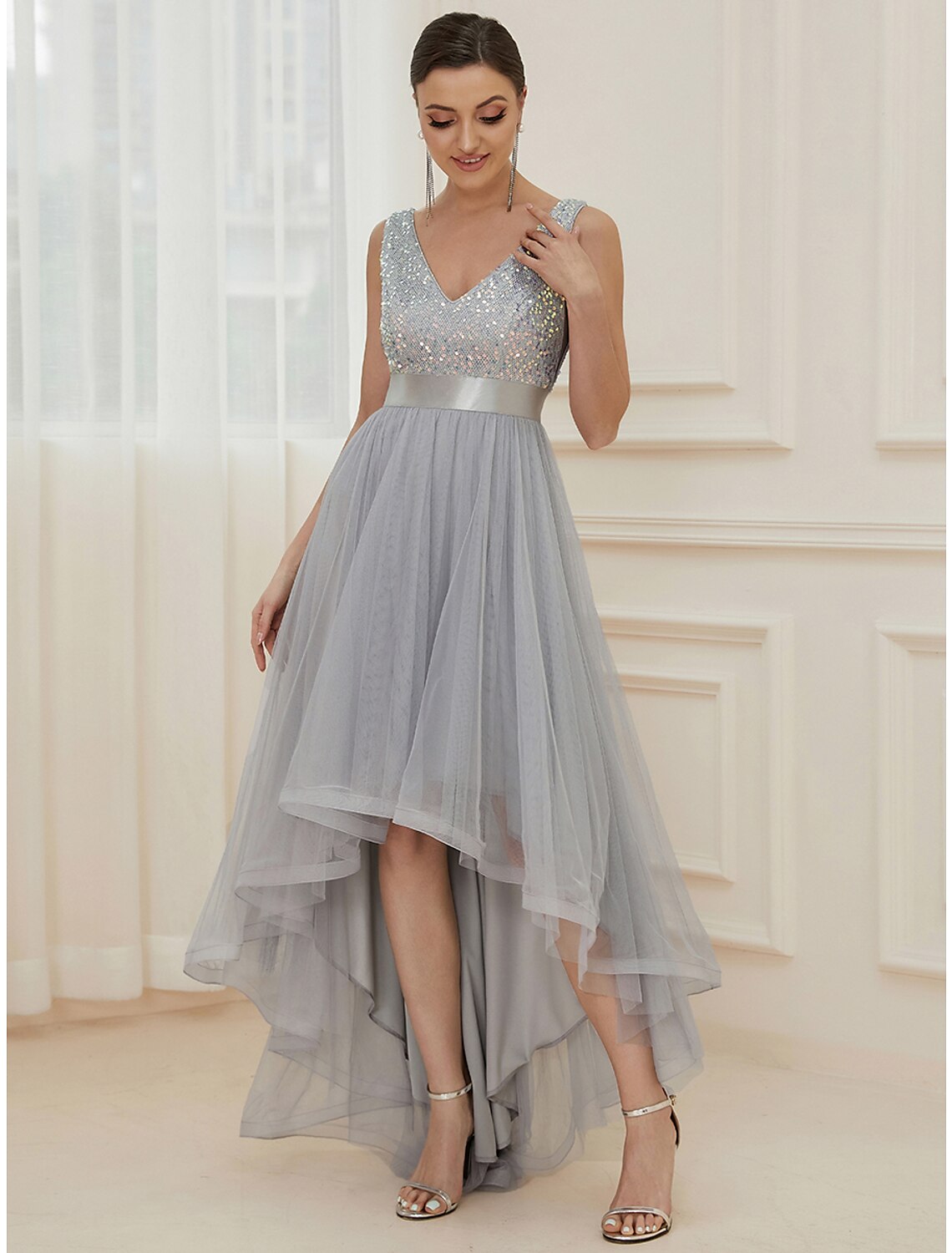 Luolandi A-Line Bridesmaid Dress V Neck Sleeveless Elegant Asymmetrical Sequined with Sequin